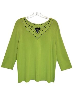 Studio G Lime Green V-Neck Sweater w/ Black Stitch Trim, 3/4 Sleeves - Size 2X